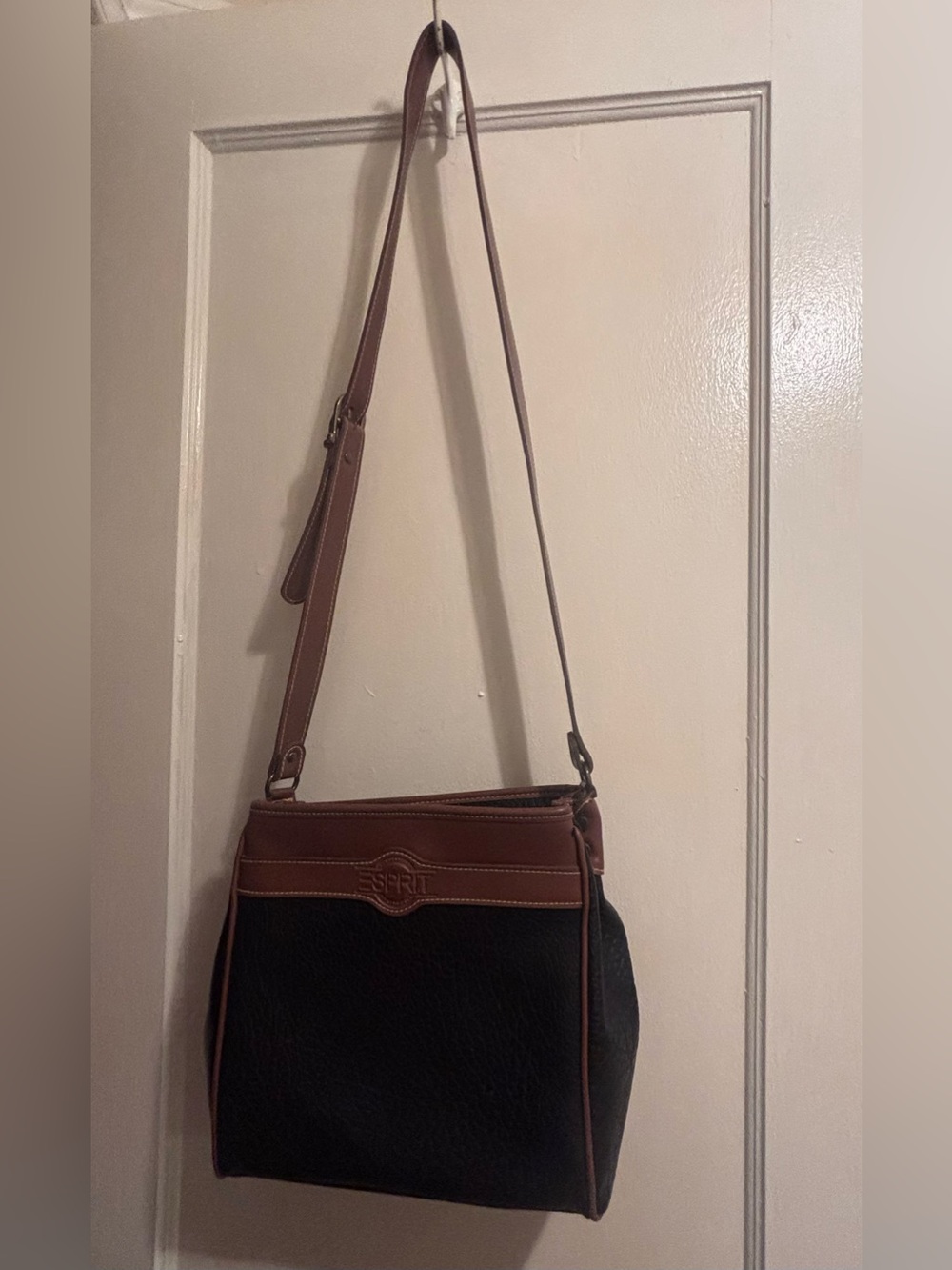 Vintage Esprit Black & Brown Faux Leather Crossbody Bag Y2K 90s Adjustable Strap